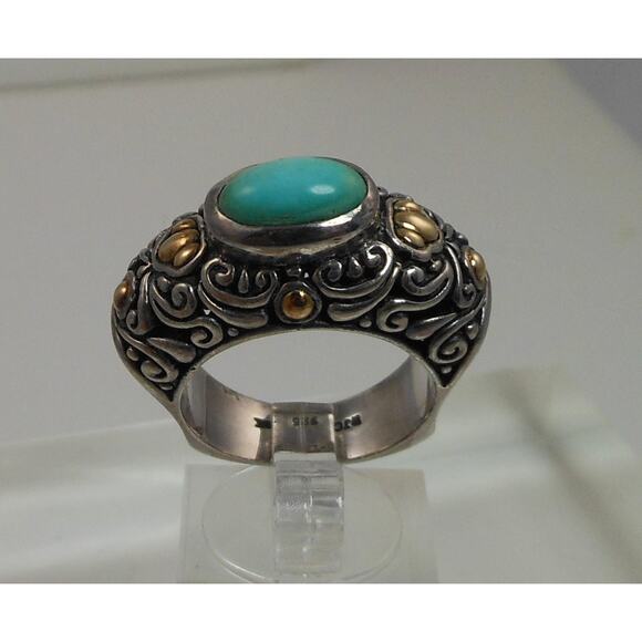 Elegant Vintage Turquoise Ring Sterling Silver 18K Gold Handmade Designer Size 8 - Picture 6 of 10